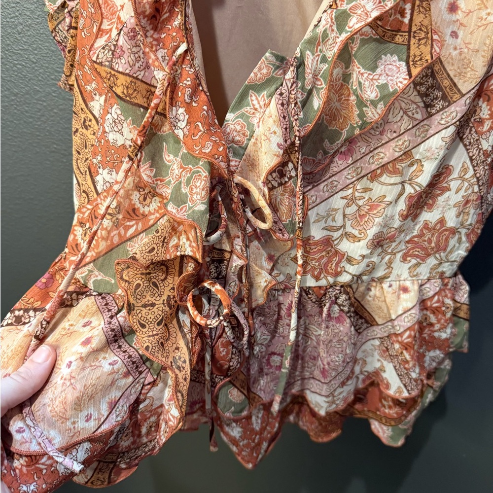 Tie-Front Ruffle Patchwork Blouse in Rust Multi - Picture 4 of 7